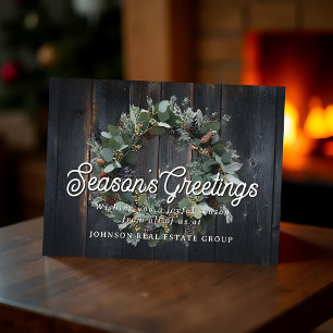Christmas Green Wreath and Wood Season's Greetings Postcard