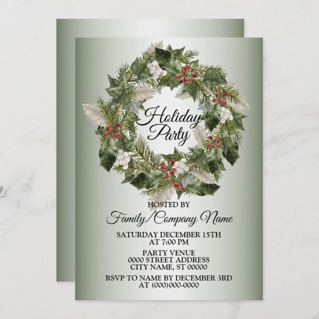 Christmas Green Wreath Elegant Holidays Party Invitation (Front/Back)