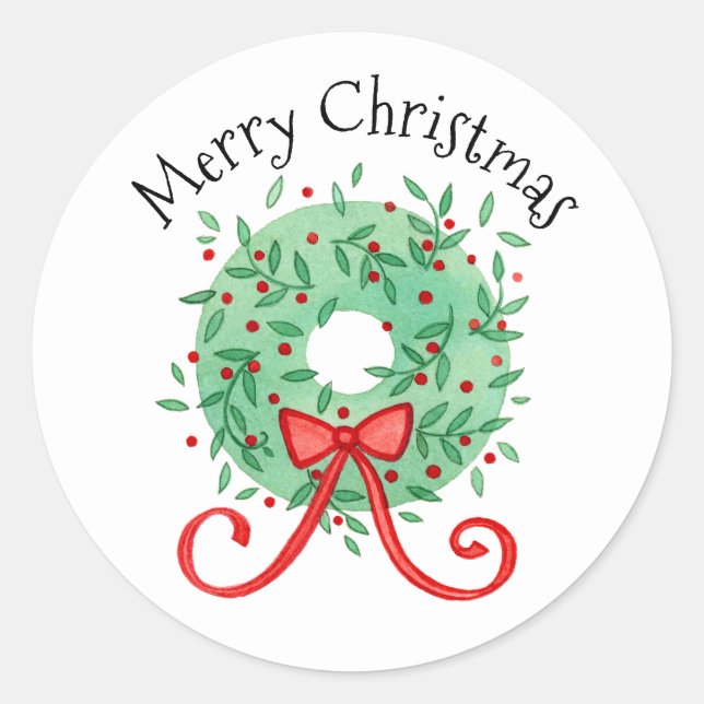 Christmas Green Wreath Red Berries Holiday Classic Round Sticker (Front)