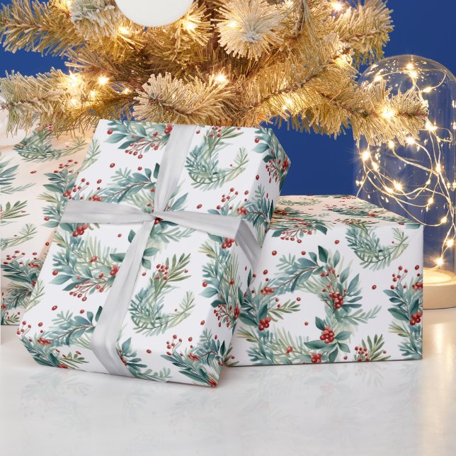 Christmas Greenery and Berries Modern Christmas Wrapping Paper (Holidays)