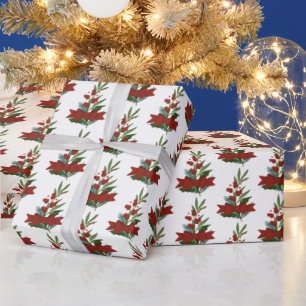 Christmas Greenery and Red Bow Pattern Wrapping Paper