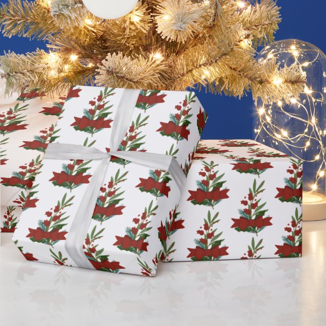 Christmas Greenery and Red Bow Pattern Wrapping Paper (Holidays)