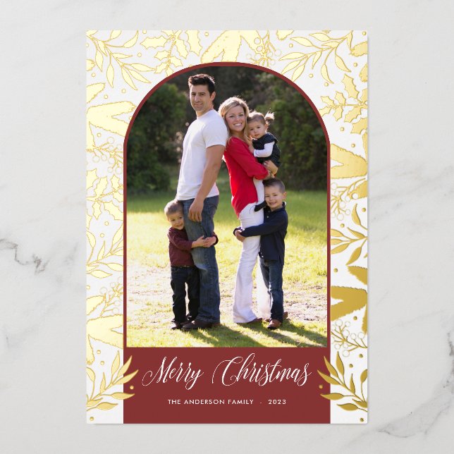Christmas Greenery Arched Photo Real Gold Foil Holiday Card (Front)