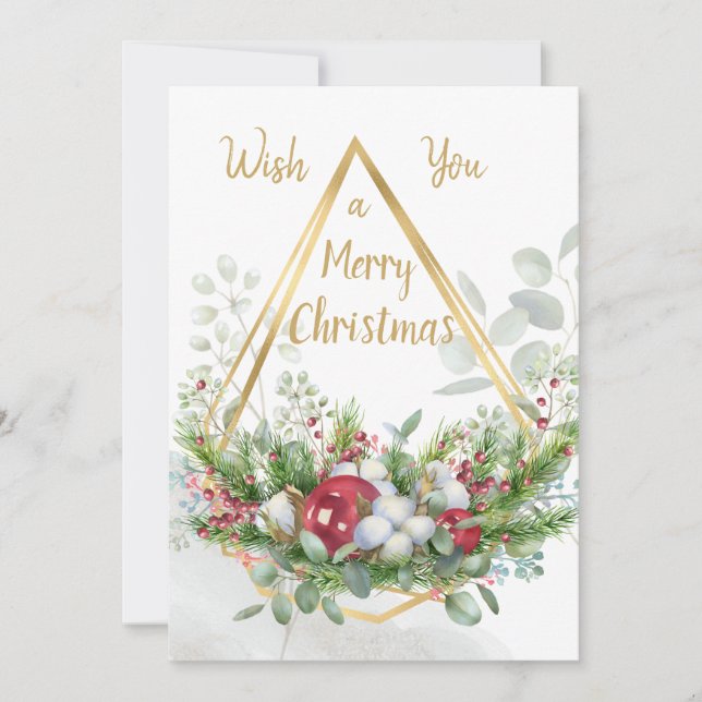 Christmas greenery, baubles, gold effect frame holiday card (Front)