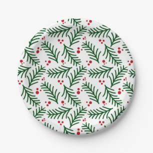 Christmas Greenery Berries Artisan Modern Holiday Paper Plate