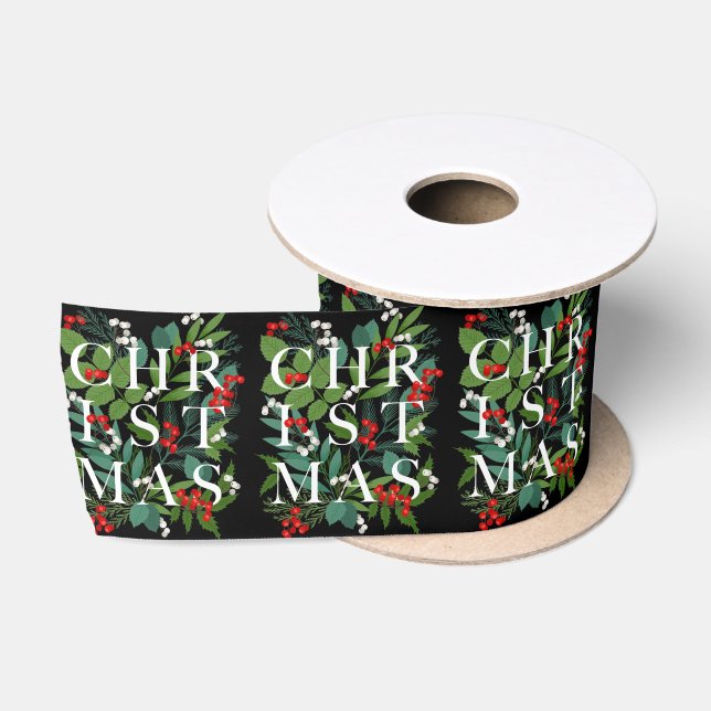 CHRISTMAS Greenery Berries Black Satin Ribbon (Spool)