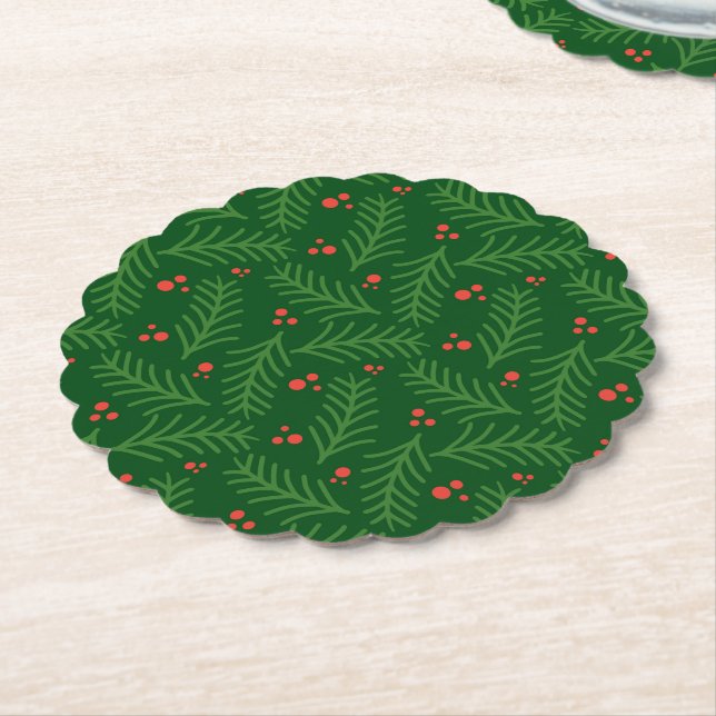 Christmas Greenery Berries Festive Holiday Party Paper Coaster (Angled)