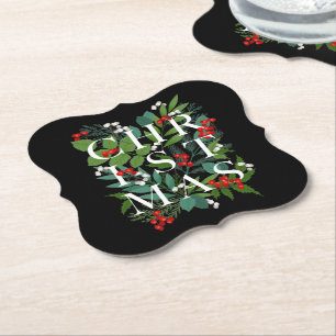 CHRISTMAS Greenery Berries Holiday Black Paper Coaster
