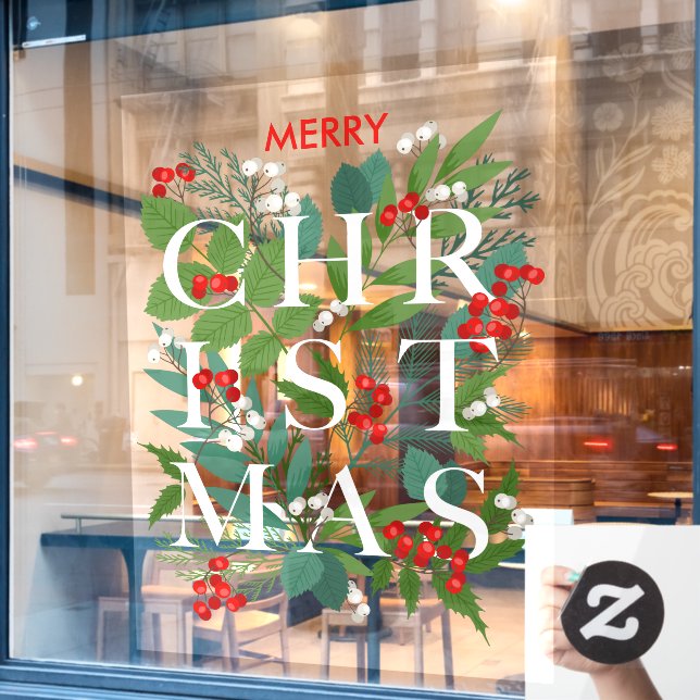 CHRISTMAS Greenery Berries Holiday LARGE Window Cling (Cafe Window)