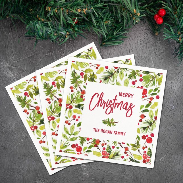 Christmas Greenery Berries Holiday Napkin (Personalized Merry Christmas napkins with greenery and berries)