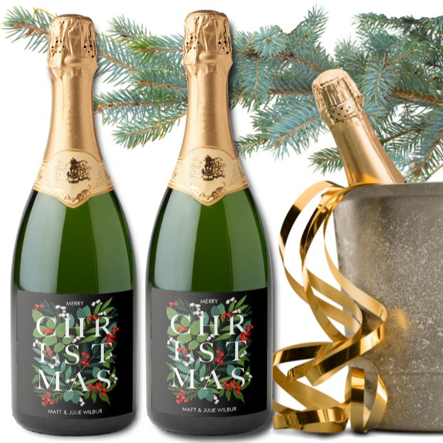 CHRISTMAS Greenery Berries Holiday Sparkling Wine Label (Creator Uploaded)