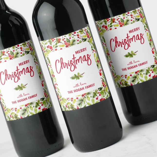 Christmas Greenery Berries Holiday Wine Label (Watercolor berries and greenery on personalized Christmas wine bottle labels)