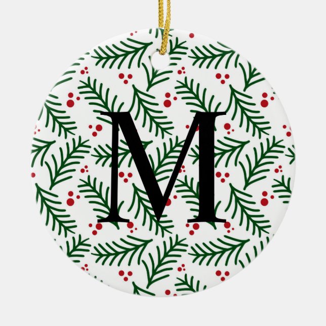 Christmas Greenery Berries INITIAL Modern Holiday Ceramic Tree Decoration (Front)