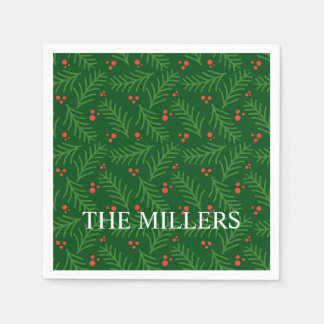 Christmas Greenery Berries NAME Festive Holiday Napkin