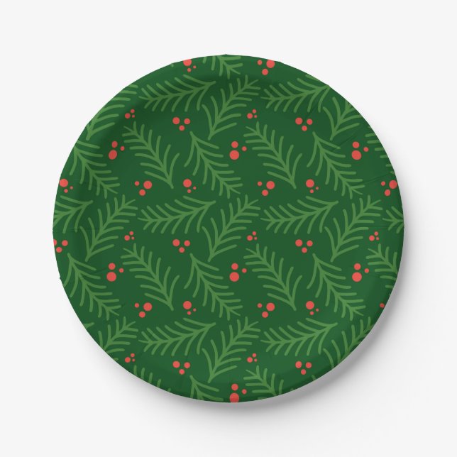 Christmas Greenery Berries Red Green Festive Mod Paper Plate (Front)