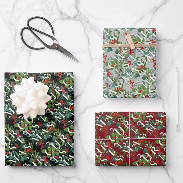 CHRISTMAS Greenery Berries Wrapping Paper Sheet (Front)