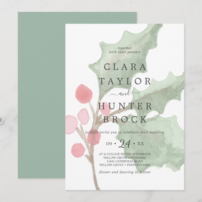 Christmas Greenery & Berry Faded Foliage Wedding Invitation (Front/Back)