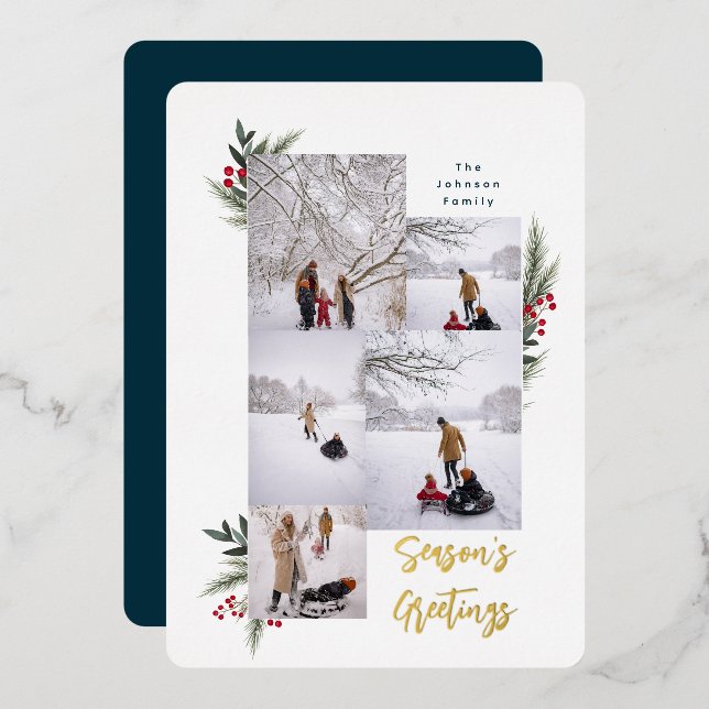 Christmas Greenery Berry Frame 5 Photo Foil Holiday Card (Front/Back)