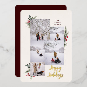 Christmas Greenery Berry Frame 5 Photo Foil Holiday Card