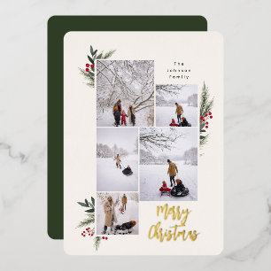 Christmas Greenery Berry Frame 5 Photo Foil Holiday Card