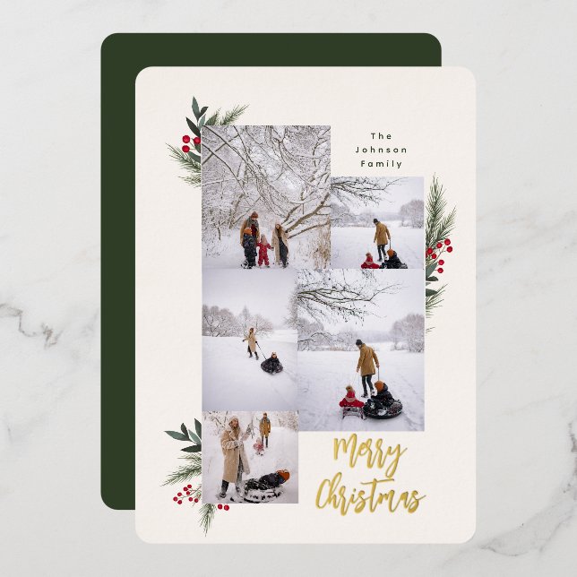 Christmas Greenery Berry Frame 5 Photo Foil Holiday Card (Front/Back)