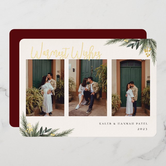 Christmas Greenery Berry Frame Photo Collage Foil Holiday Card (Front/Back)