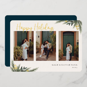 Christmas Greenery Berry Frame Photo Collage Foil Holiday Card