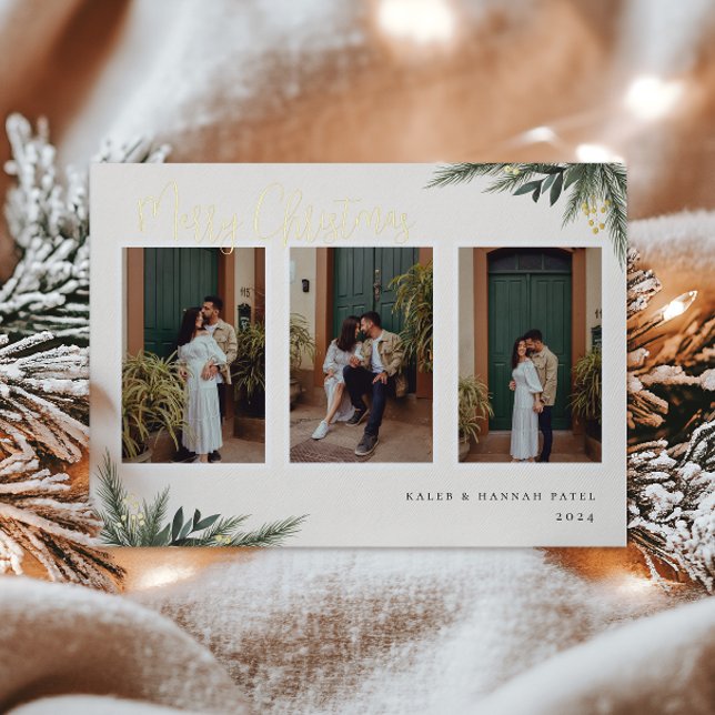 Christmas Greenery Berry Frame Photo Collage Foil Holiday Card (Creator Uploaded)