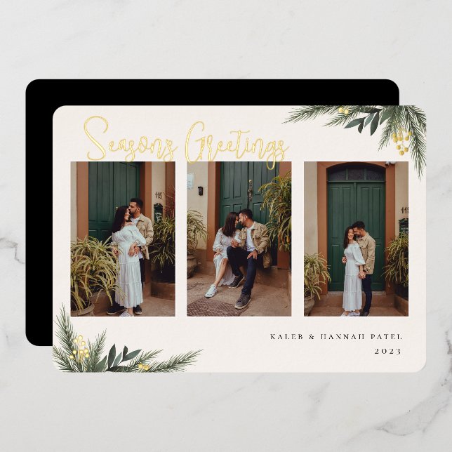 Christmas Greenery Berry Frame Photo Collage Foil Holiday Card (Front/Back)