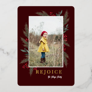 Christmas Greenery Berry Frame Photo Foil Holiday Card
