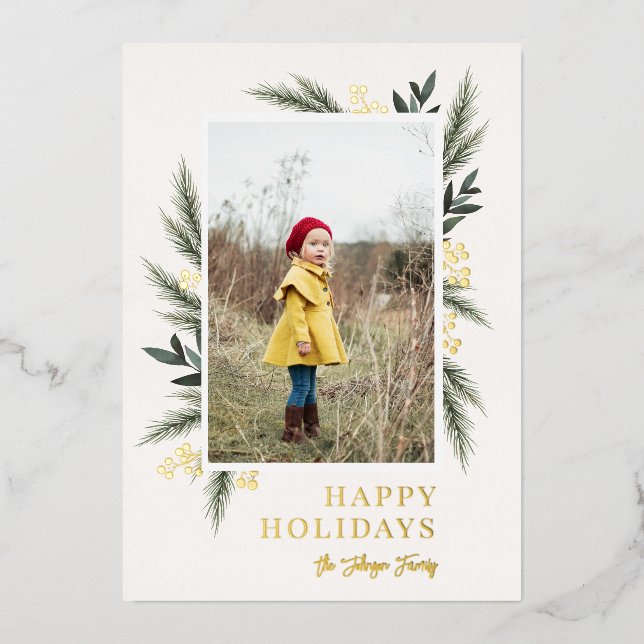 Christmas Greenery Berry Frame Photo Foil Holiday Card (Front)
