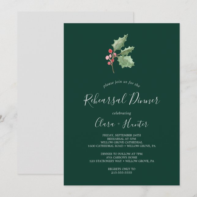 Christmas Greenery & Berry Green Rehearsal Dinner Invitation (Front/Back)