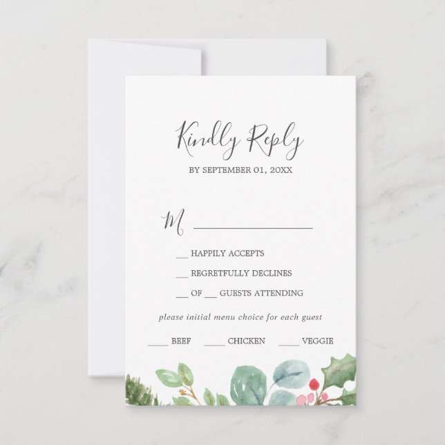 Christmas Greenery & Berry Menu Choice RSVP Card (Front)