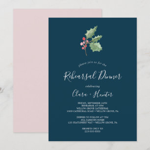 Christmas Greenery & Berry   Navy Rehearsal Dinner Invitation