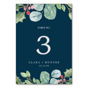 Christmas Greenery & Berry Navy Table Number