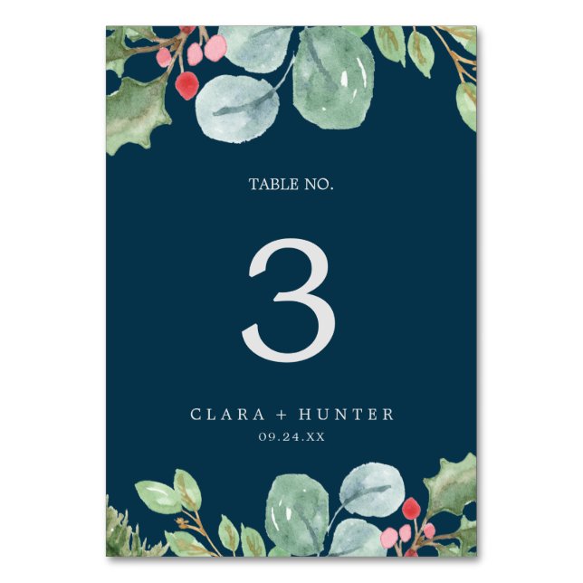 Christmas Greenery & Berry | Navy Table Number (Front)