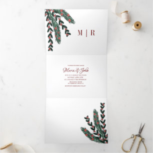 Christmas Greenery Botanical Gouache Wedding Tri-Fold Invitation