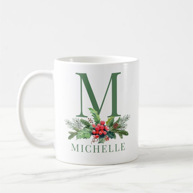Christmas Greenery Bouquet Floral Monogram Name Coffee Mug (Left)