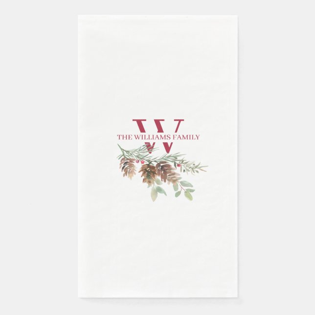 Christmas Greenery Classic Red Monogram Napkin (Front)