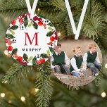 Christmas Greenery Custom Family Monogram Photo Ornament<br><div class="desc">Personalised ornament design features a beautiful watercolor wreath design with green leaves and red berries holiday greenery foliage that frames elegant custom monogram with initial and last name. Customise with your favourite family photo on the reverse side.</div>