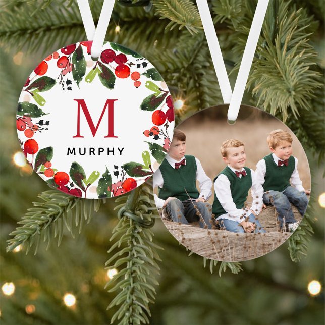 Christmas Greenery Custom Family Monogram Photo Ornament (Creator Uploaded)