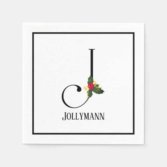 Christmas Greenery Elegant Monogram Letter J Paper Napkin (Front)
