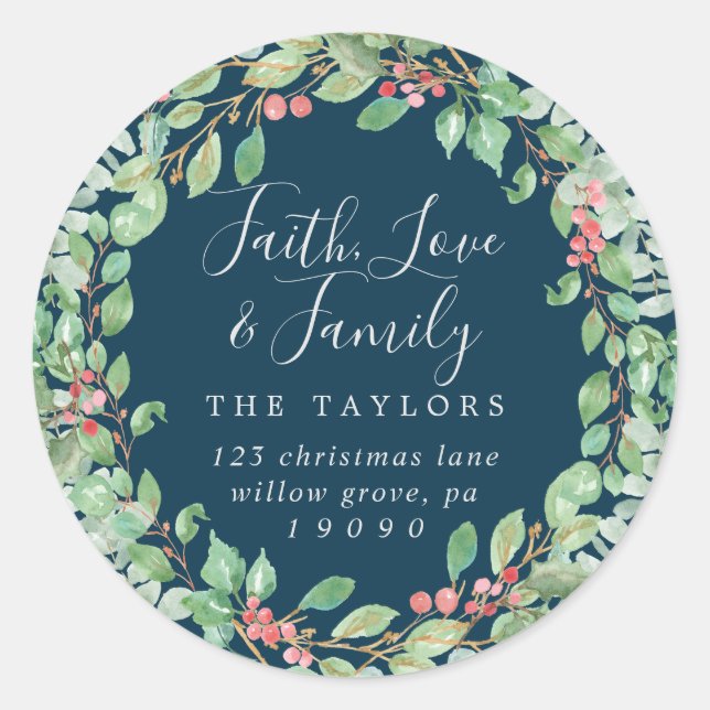 Christmas Greenery Faith Love & Family Envelope Classic Round Sticker (Front)