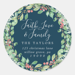 Christmas Greenery Faith Love & Family Envelope Classic Round Sticker