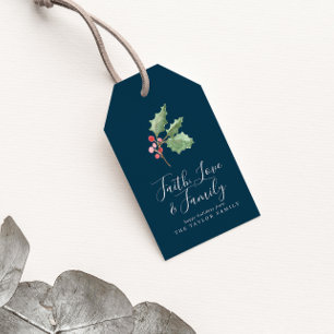 Christmas Greenery Faith Love & Family   Navy Gift Tags