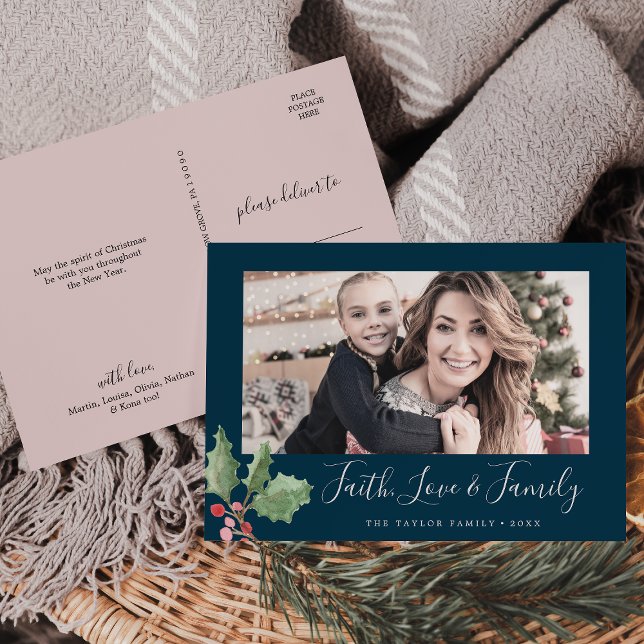 Christmas Greenery Faith Love & Family Photo Holiday Postcard (Creator Uploaded)
