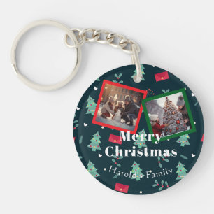 Christmas Greenery Family Photo Monogram Key Ring