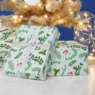 Christmas Greenery Flowers Berries Green Christmas Wrapping Paper