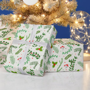Christmas Greenery Flowers Berries Green Christmas Wrapping Paper