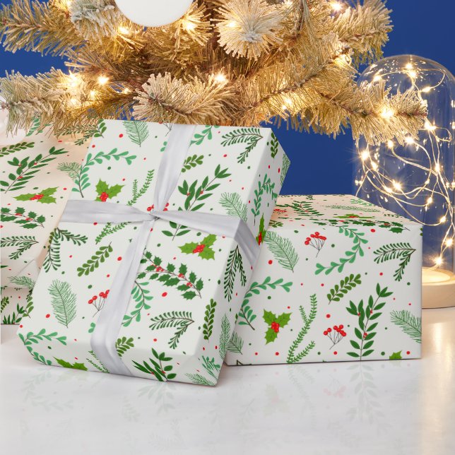 Christmas Greenery Flowers Berries Green Christmas Wrapping Paper (Holidays)